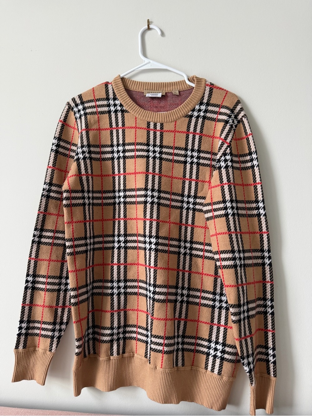 Burberry Beige Plaid Crewneck Sweater with Black and Red Lines